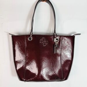GUESS Noelle Small Elite Tote Bag Merlot Red Burgundy Patent Faux Leather